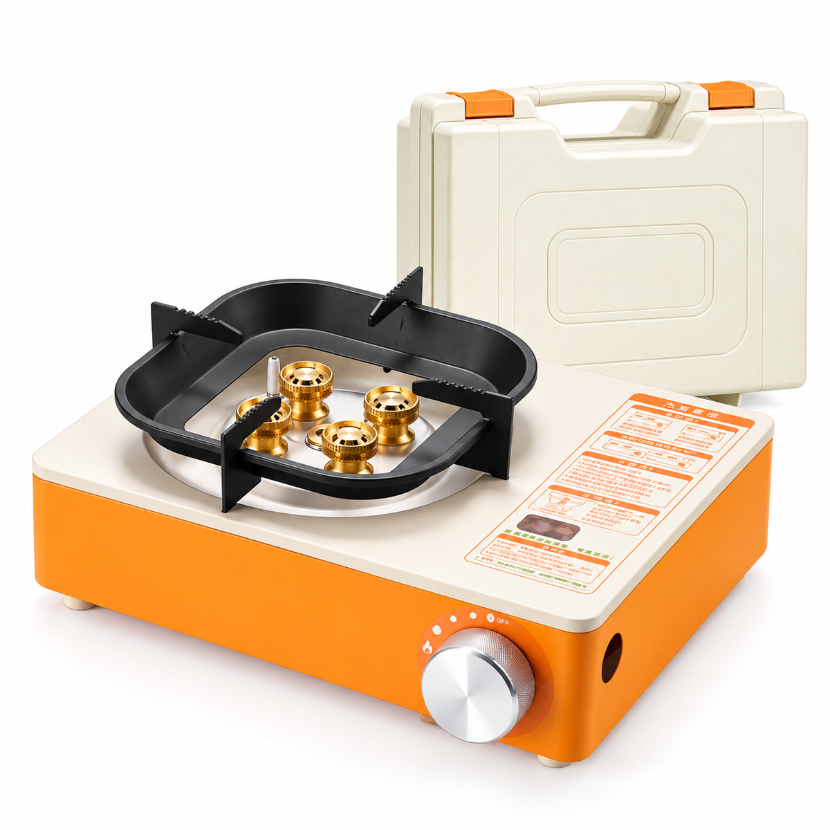 Cassette-style butane stove featuring a tabletop design for convenient outdoor cooking.