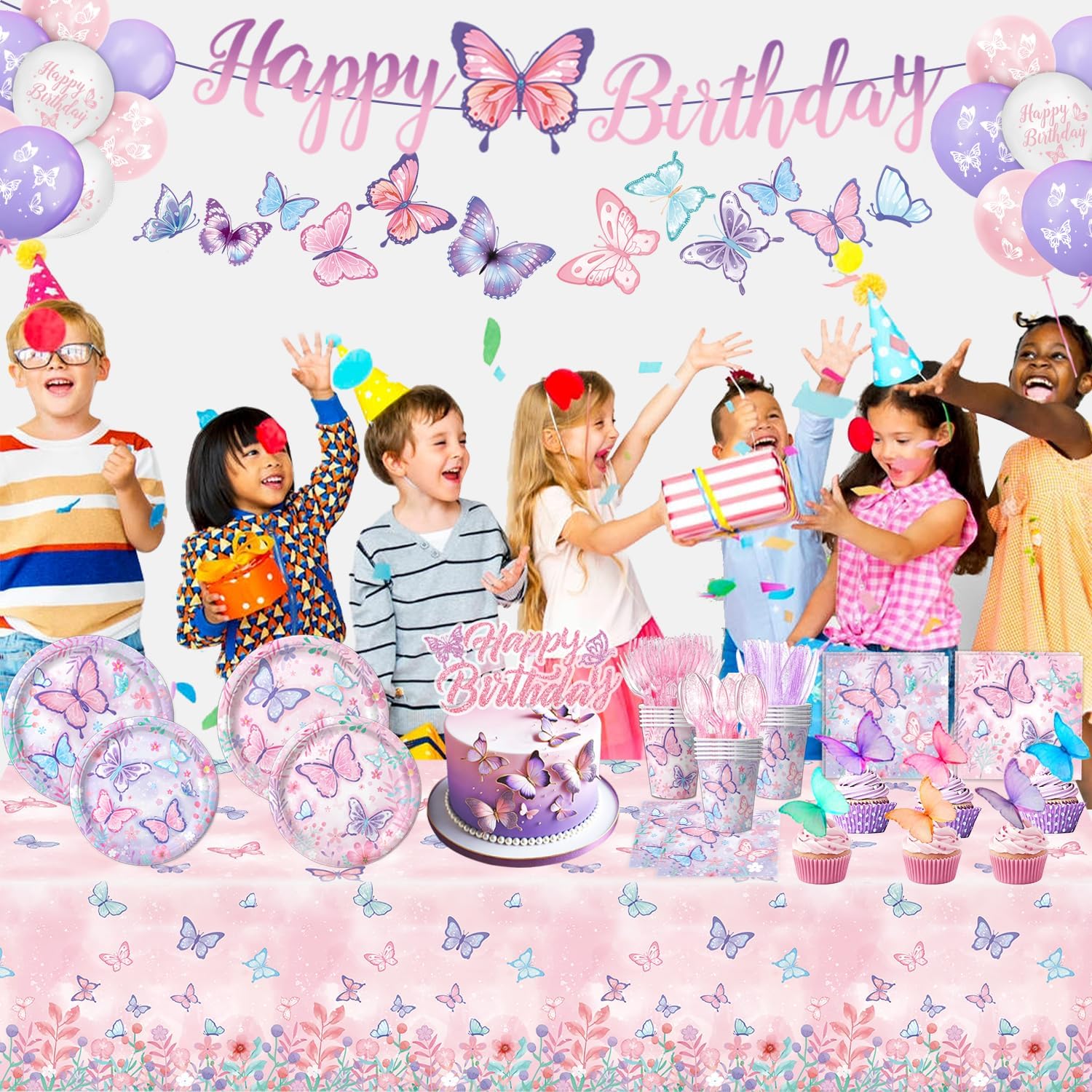Butterfly cake and cupcake toppers set for birthday desserts