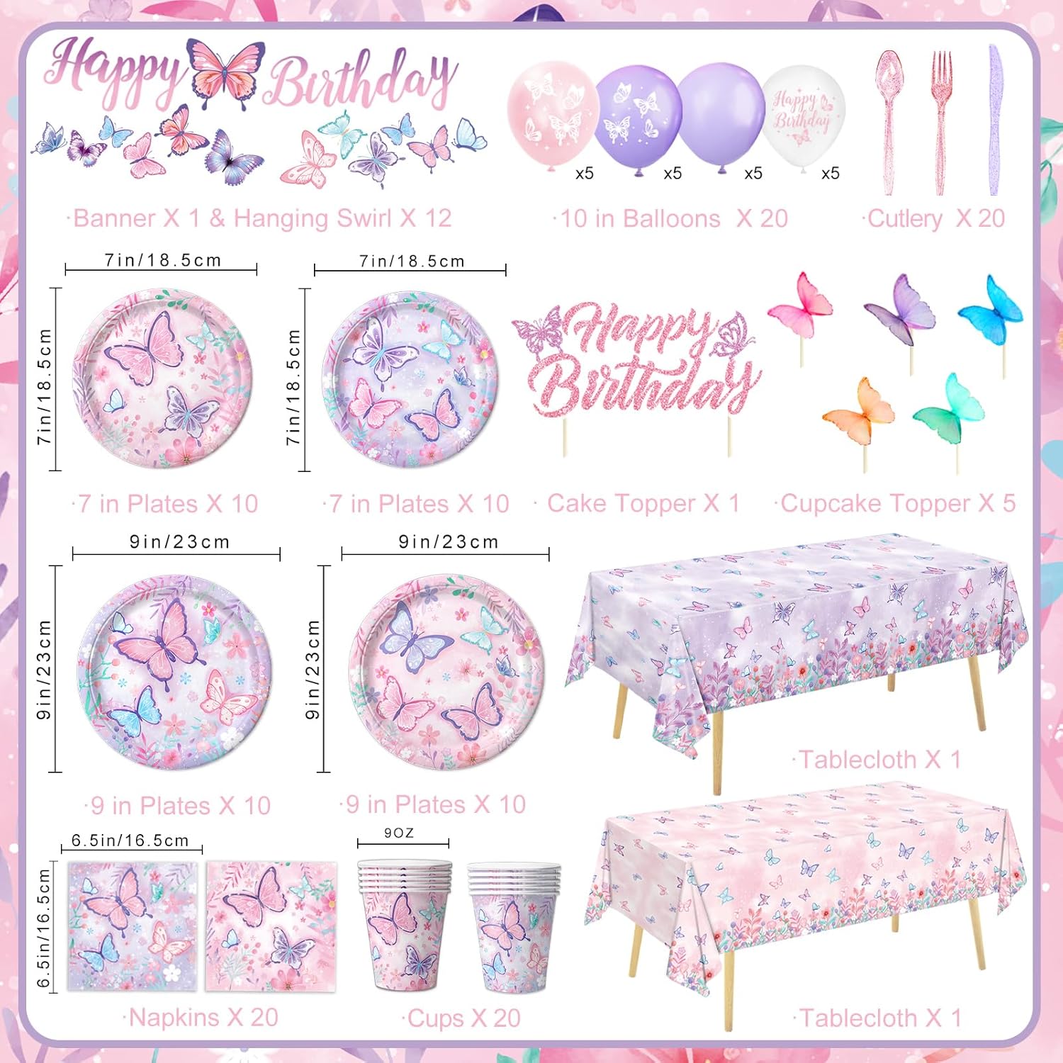 Alt Text: Butterfly theme party supplies kit for girls birthday celebrations
