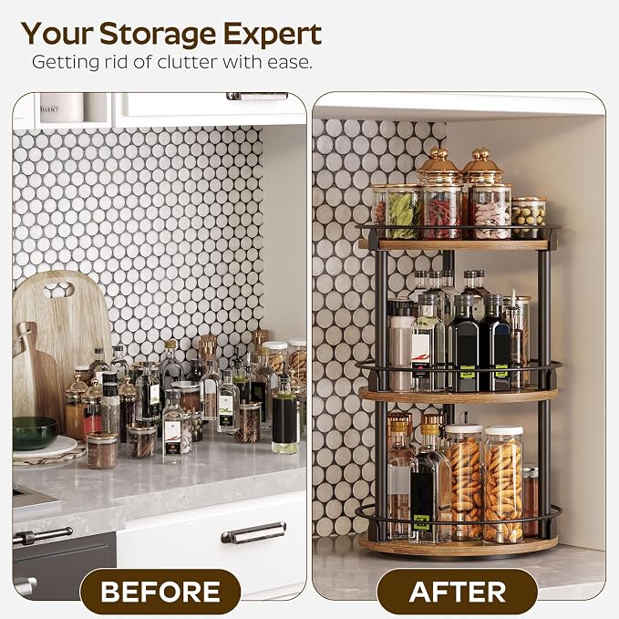 Rotating spice rack organizer for kitchen cabinets