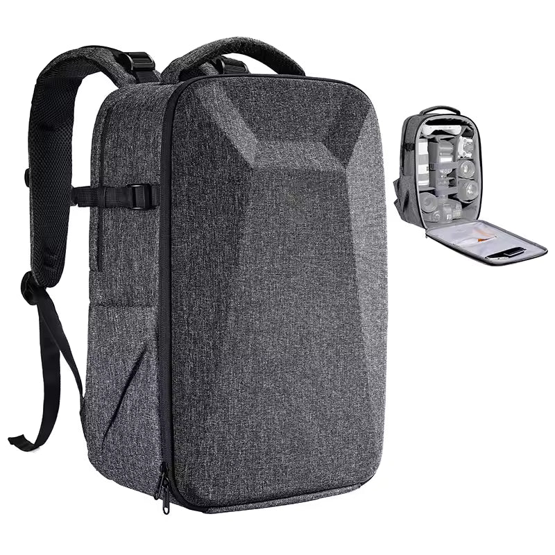 Padded camera backpack compartments arranged for lenses and accessories