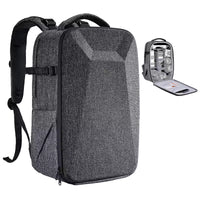 Padded camera backpack compartments arranged for lenses and accessories