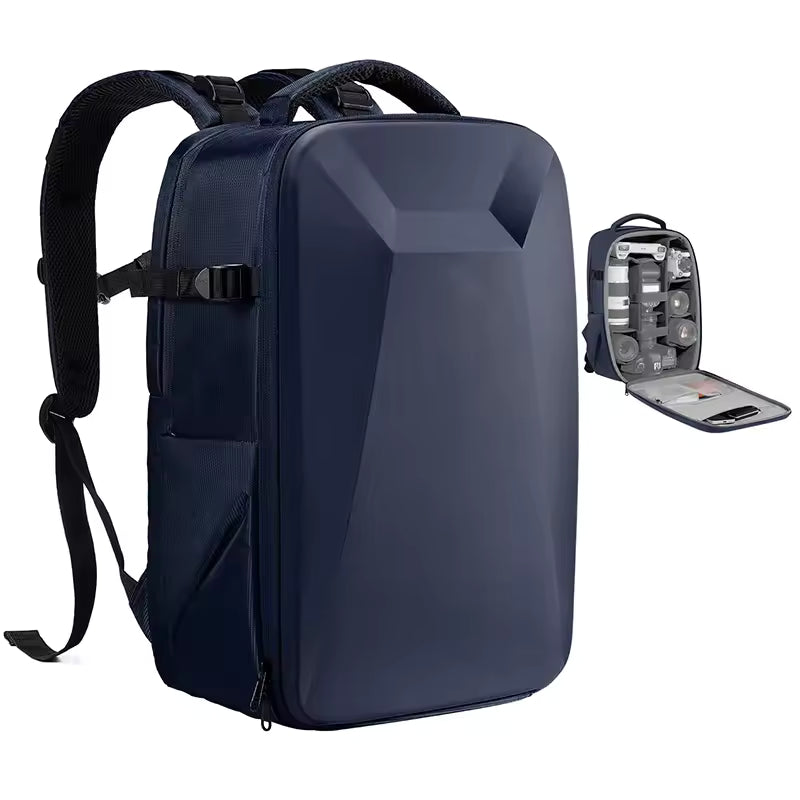 Open camera backpack showing padded dividers and organised storage sections