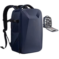 Open camera backpack showing padded dividers and organised storage sections