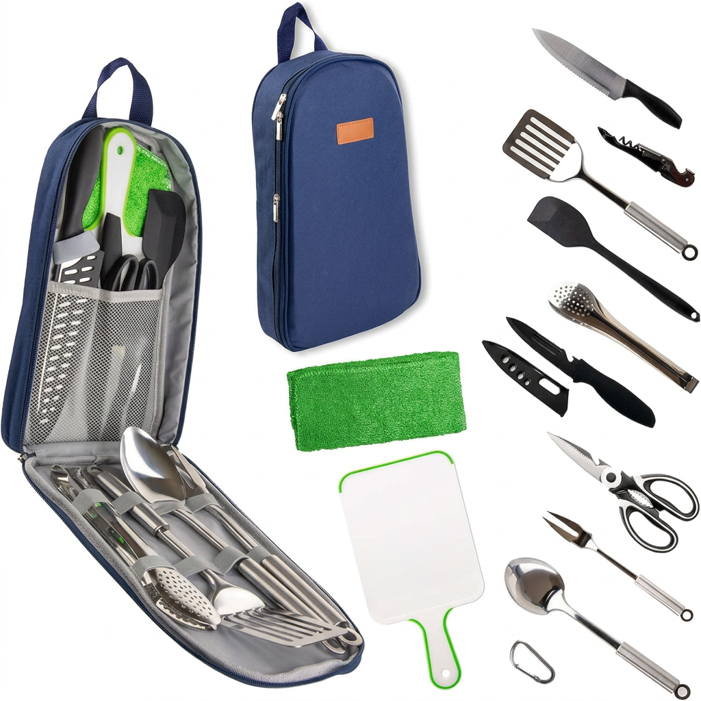 Camping cooking utensil set with stainless steel tools and carry case