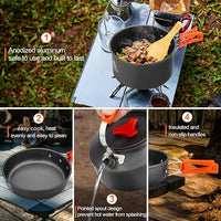 Camping cookware set with cups plates forks knives and spoons