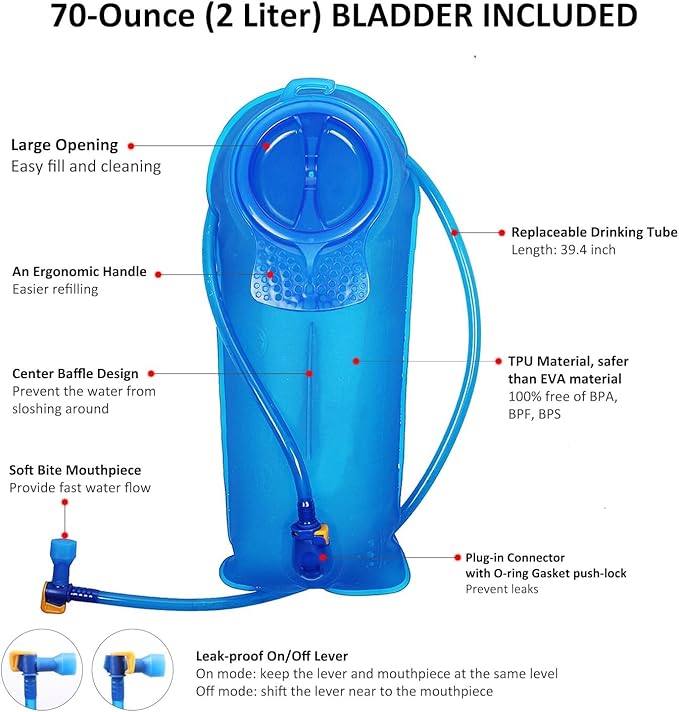 Camping hydration bag with integrated 2 liter water bladder and storage compartments