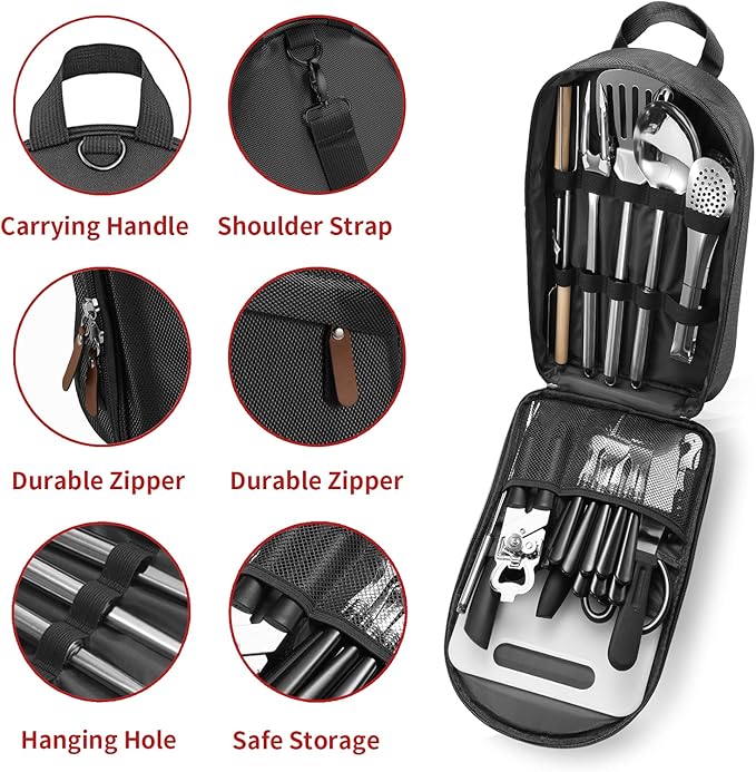 Complete camping kitchen utensils set with stainless steel tools and storage organizer for outdoor cooking