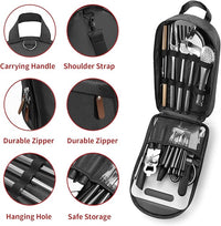 Complete camping kitchen utensils set with stainless steel tools and storage organizer for outdoor cooking