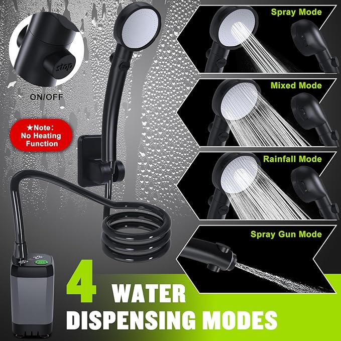 Camping shower with 4 spray modes for adjustable water flow