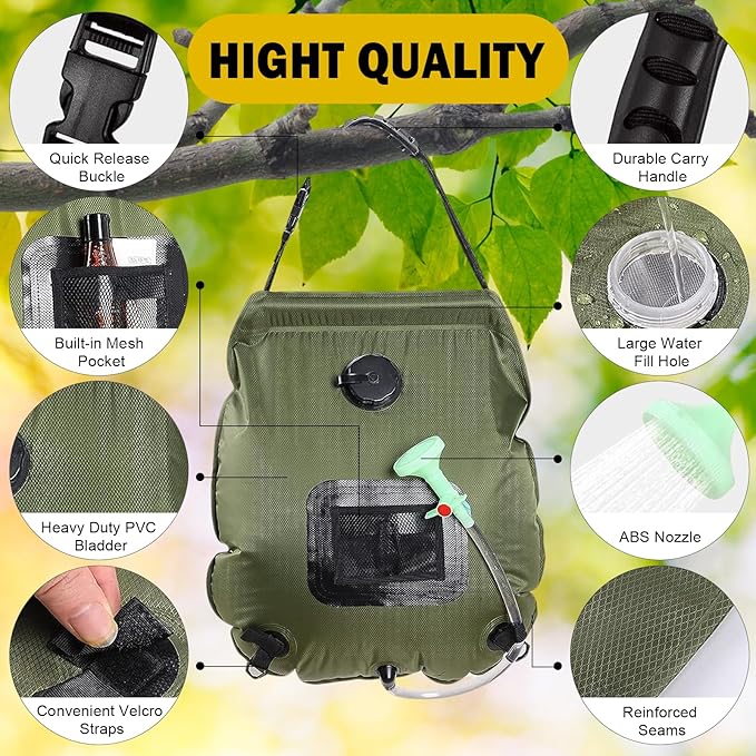 Camping shower with removable hose and on/off shower head