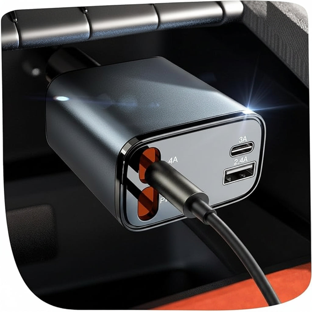  Retractable Car Charger Front View, USB C Fast Charging Adapter for iPhone and Samsung
