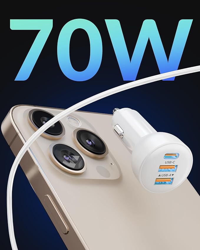 Car charger with USB-C, Lightning, and USB-A for iPhone and iPad