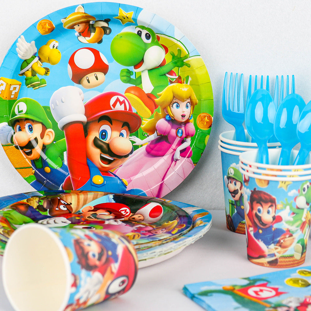 Cartoon party banner and party hats for kids birthday celebration