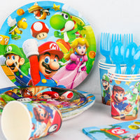 Cartoon party banner and party hats for kids birthday celebration