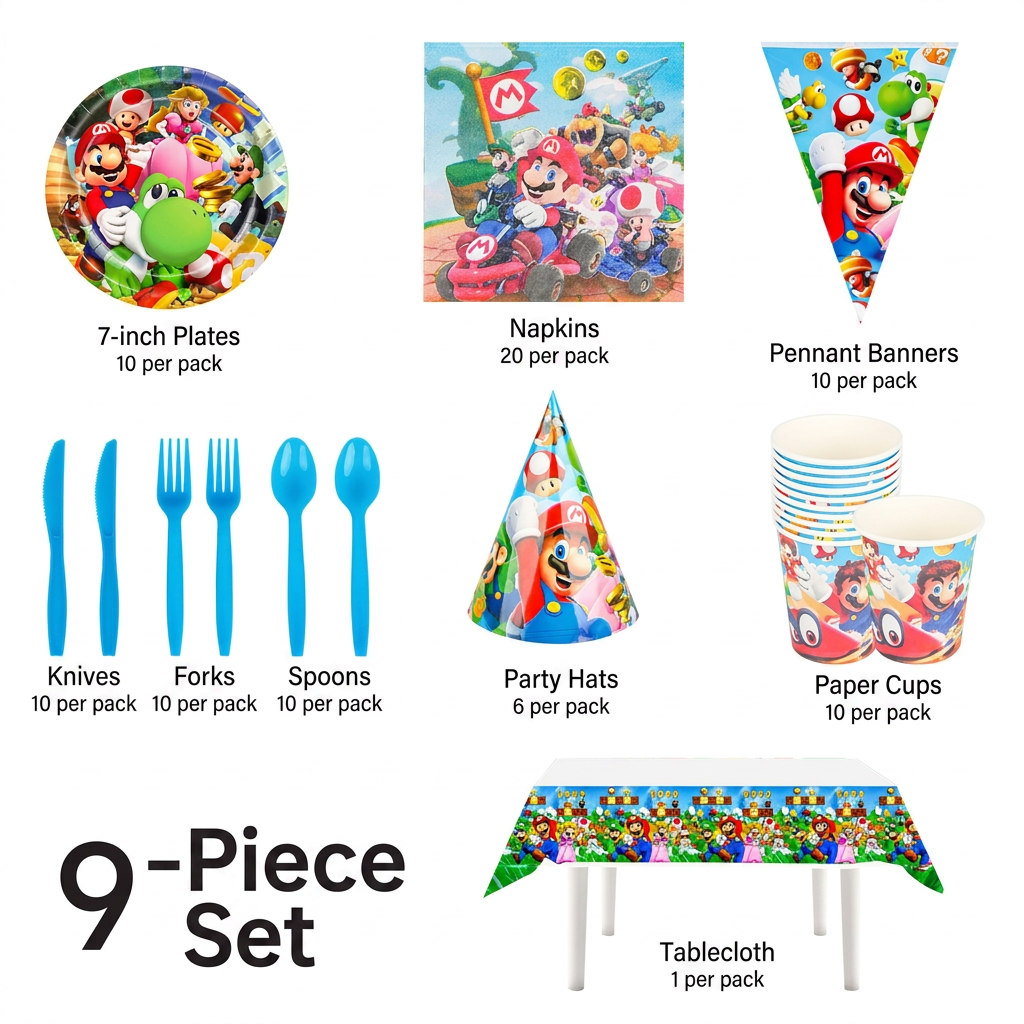 Cartoon theme party tableware set with plates cups napkins and decorations