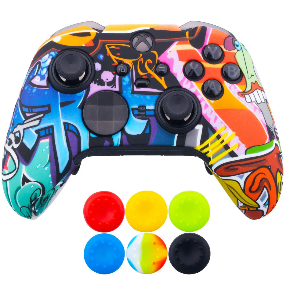 Cartoon print silicone controller cover front view with thumb grip caps