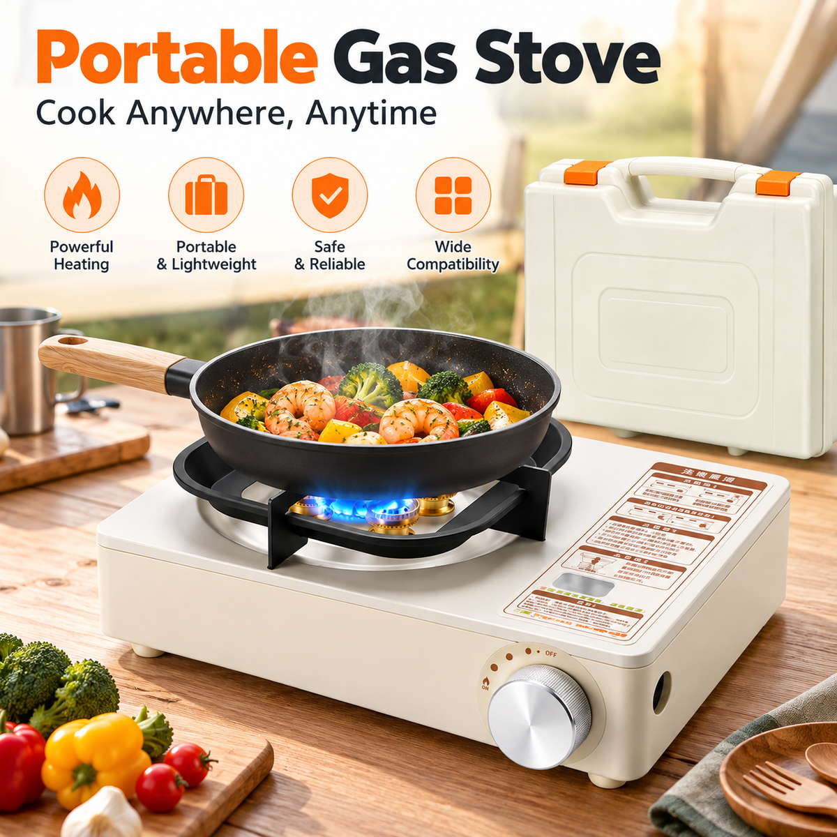 Cassette-style tabletop cooking stove with compact freestanding construction.