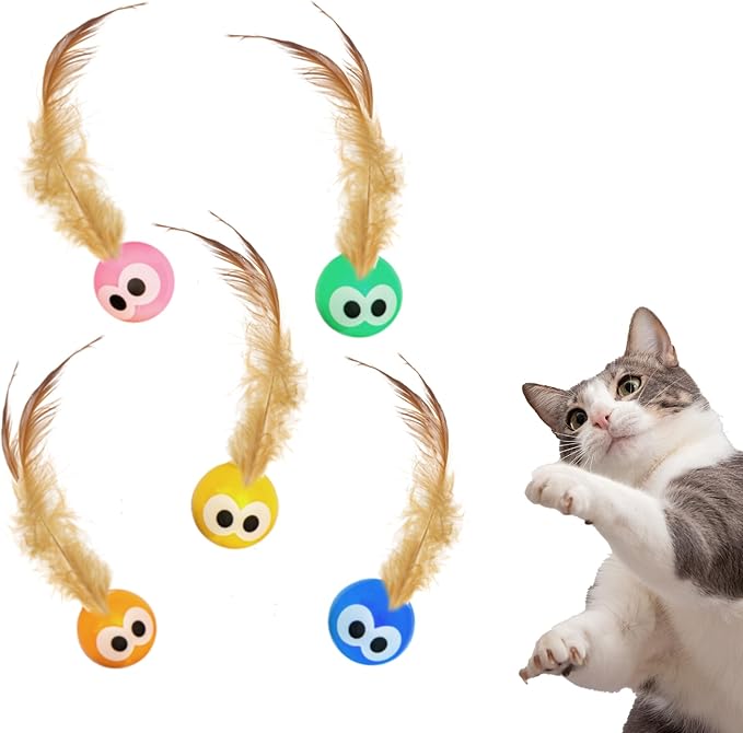 5 bouncy cat balls with natural feathers for indoor play