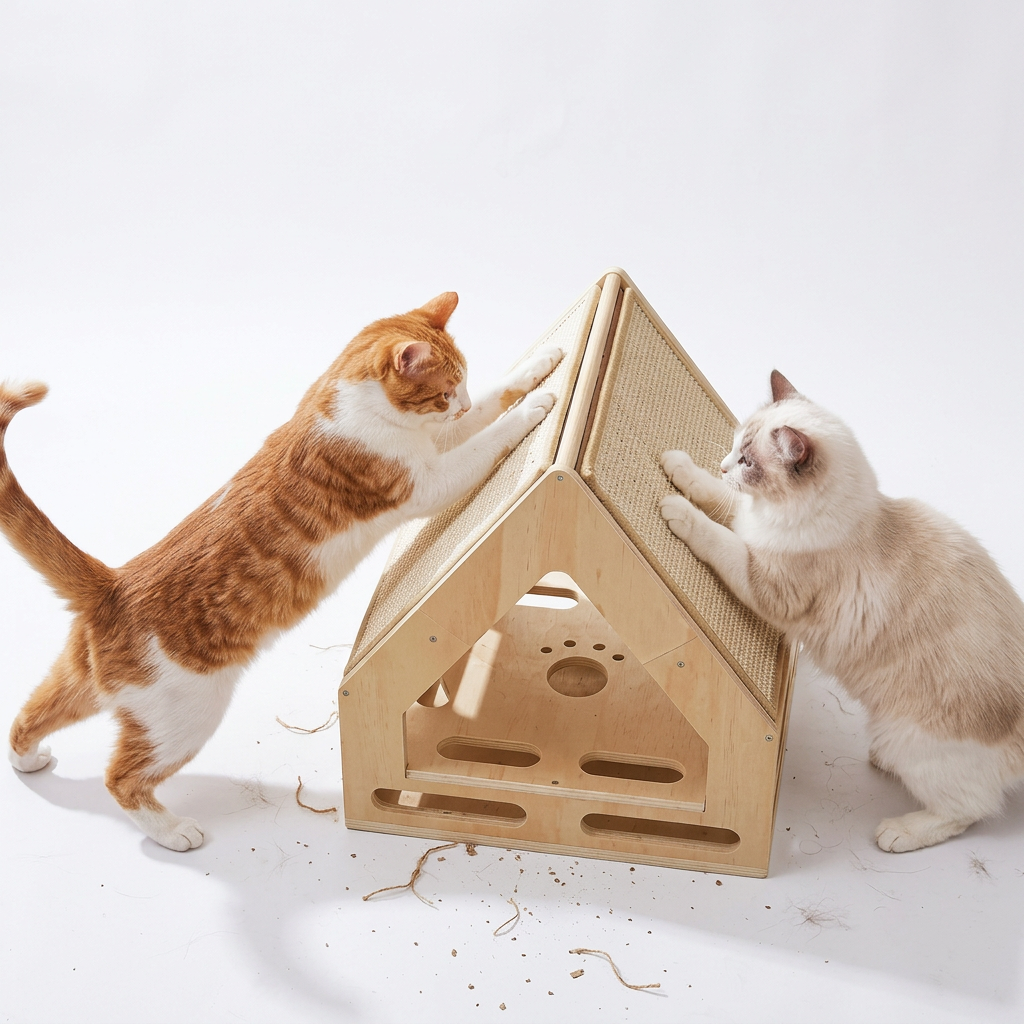 Cat scratching pole with attached teaser toy for interactive play