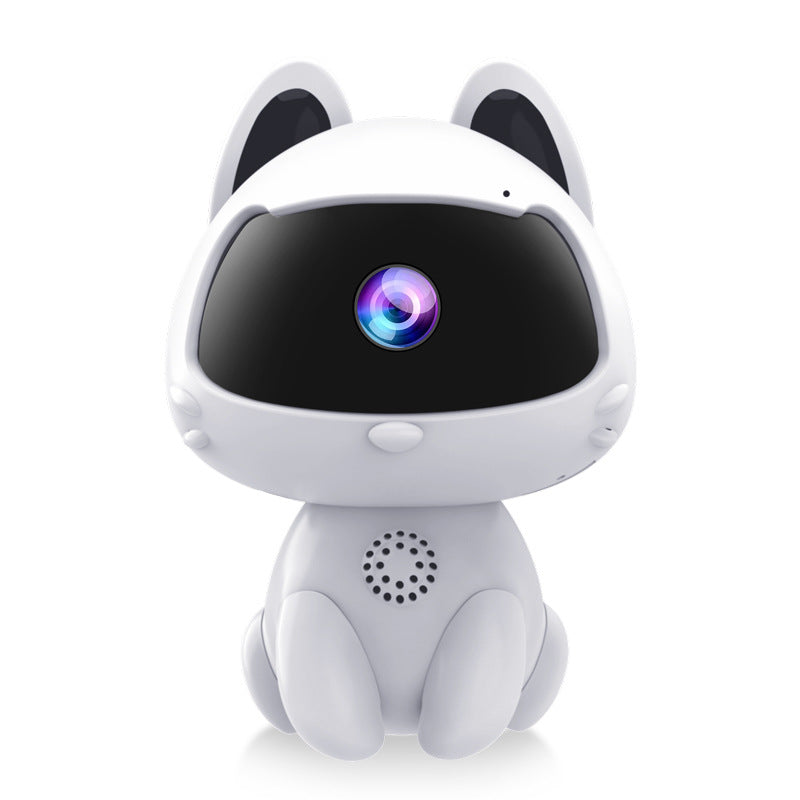 White cat-shaped baby monitor camera with black front panel and colourful central lens