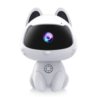 White cat-shaped baby monitor camera with black front panel and colourful central lens