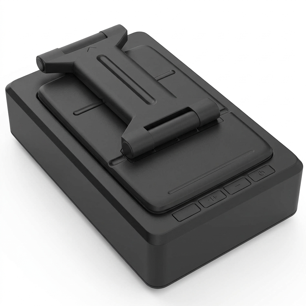 Cell Phone Stand with Wireless Bluetooth Speaker offering HD surround sound and an anti-slip base, perfect for iPhone, iPad, and Samsung Galaxy.