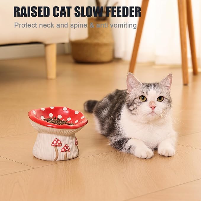 Red Ceramic Dog Food Bowl with Cute Mushroom Design