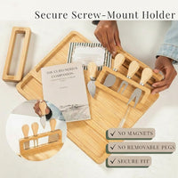 Bamboo cheese board with mounted utensil storage holder