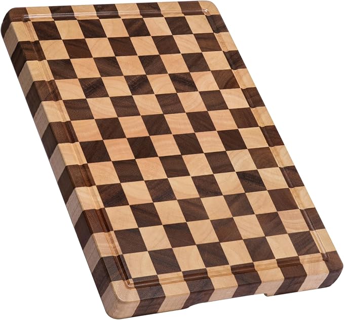 Checkered wooden cutting board with juice grooves and side handles