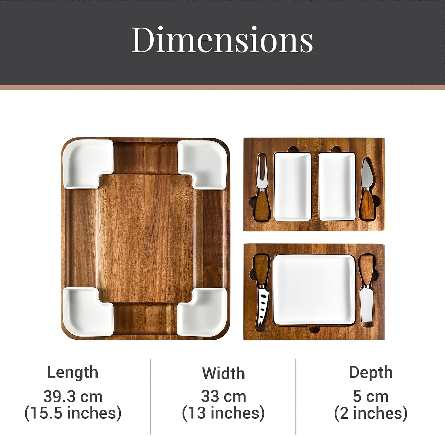 Acacia cheese serving board with four ceramic bowls