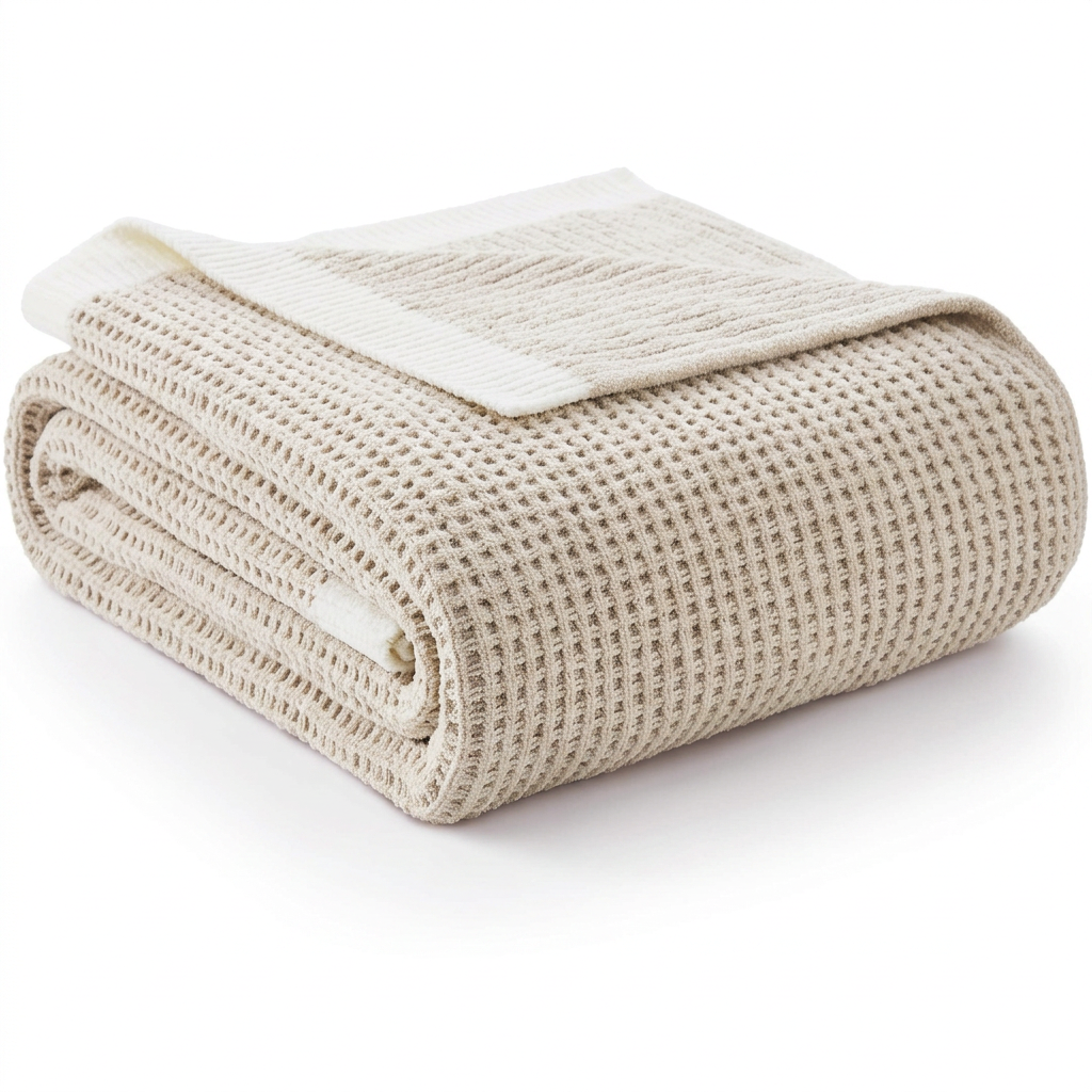 Soft beige chenille throw blanket with waffle knit texture for couch and sofa