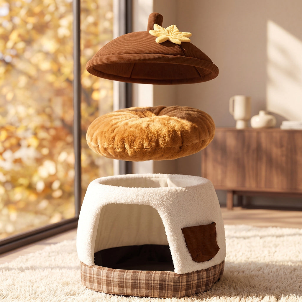 Chestnut-colored pet bed with semi-enclosed design