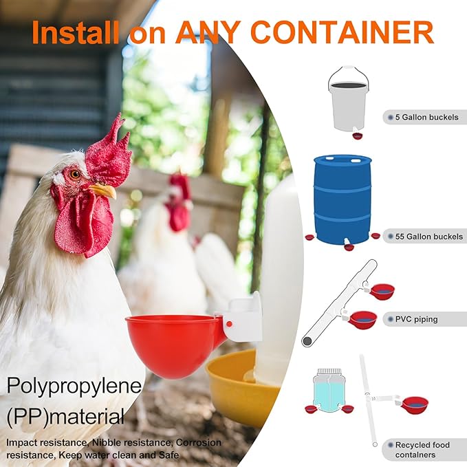 Chicken Water Feeder Cups with Drill Installation Setup for Buckets