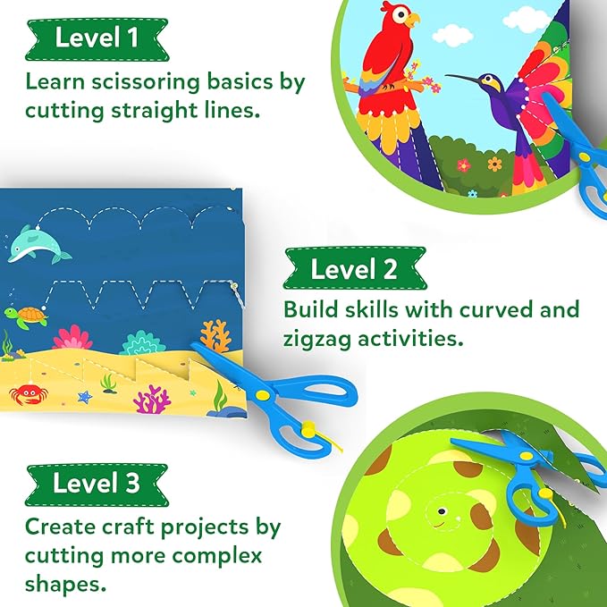 Child-safe scissors included with the activity book for fine motor skills practice