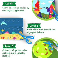 Child-safe scissors included with the activity book for fine motor skills practice