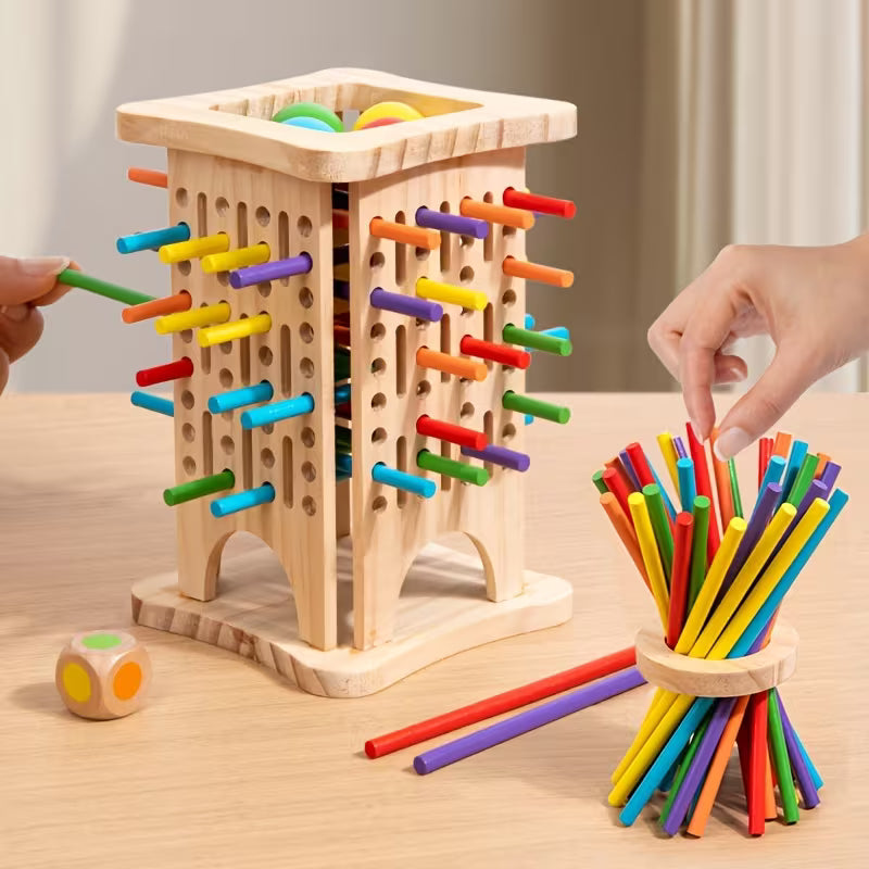 Children’s wooden puzzle board game with colored drawing sticks