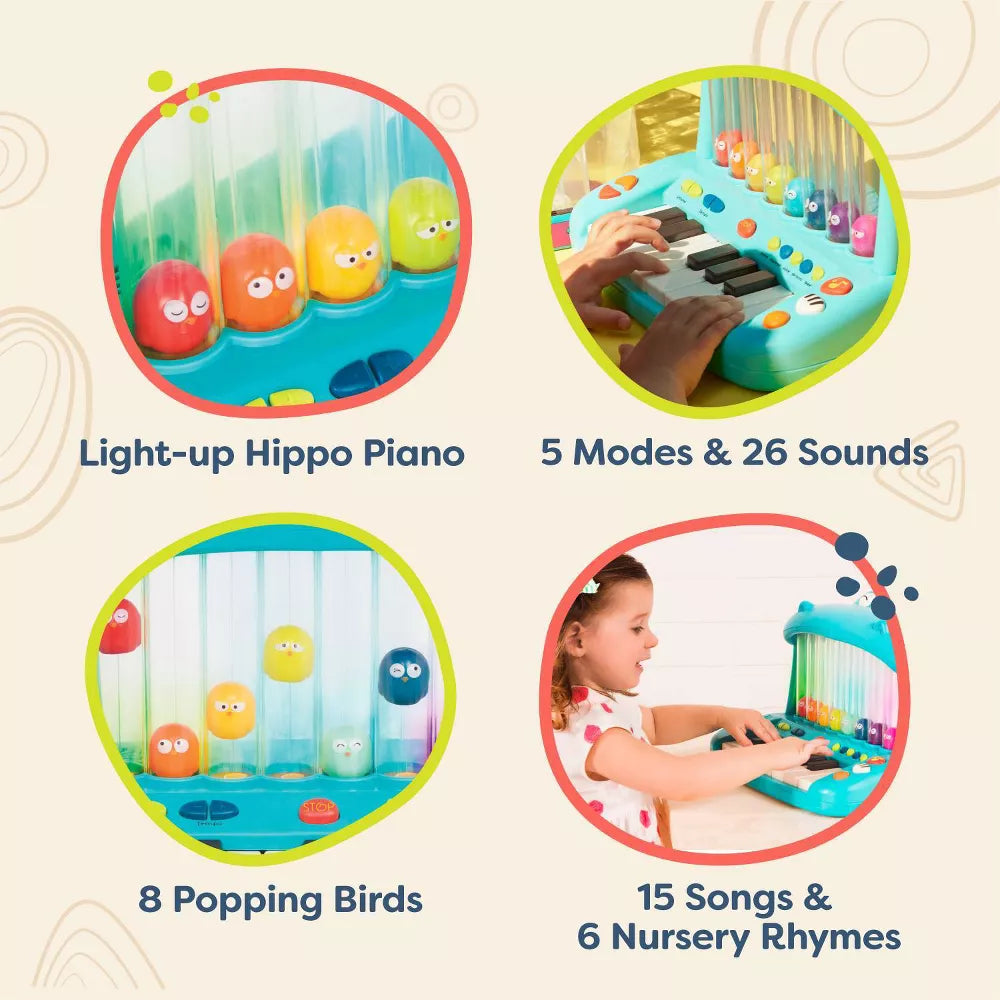 Childs piano musical toy featuring a compact hippo-shaped keyboard design.