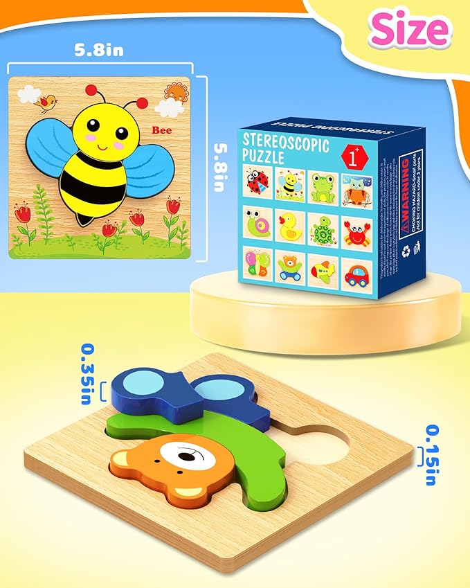 Christmas & Birthday Gift for Toddlers – Wooden Animal Puzzle for Boys & Girls Ages 1-3