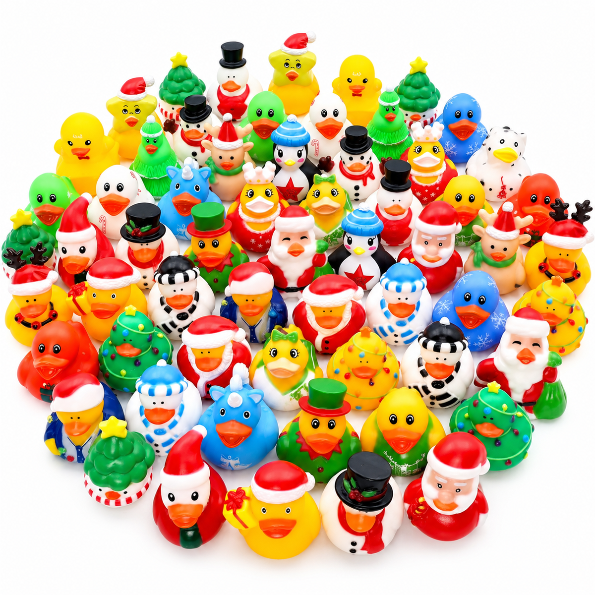 Assorted colorful Christmas rubber ducks arranged together on a white background