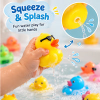 Bright yellow duck-shaped toy with an orange beak and cheerful expression.