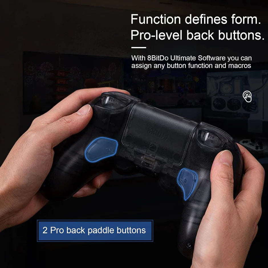 Clear black game controller side view with comfortable handheld design