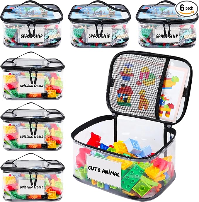 6 pack clear toy storage bags with zipper closures for toys and accessories