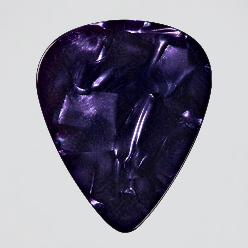 close-up of premium celluloid guitar pick 351 shape medium thickness in purple moto color