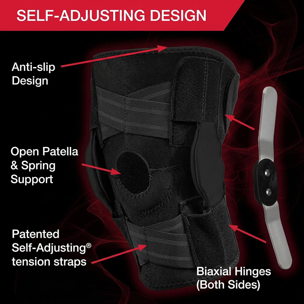 Close-up of self-adjusting straps and hinged mechanism on knee brace for compression and joint protection