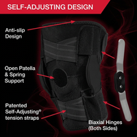 Close-up of self-adjusting straps and hinged mechanism on knee brace for compression and joint protection