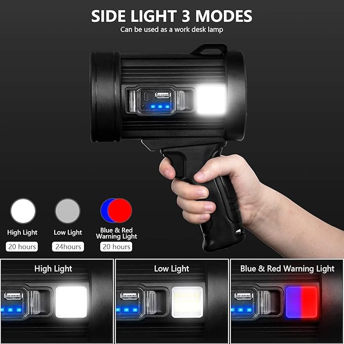 COB Side Light on Rechargeable Spotlight for Wide Area Illumination