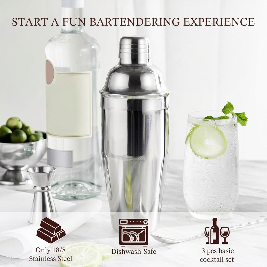 Cocktail shaker with built-in strainer and accessories