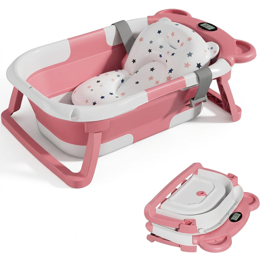  Blue and white collapsible baby bathtub with a star-patterned floating bath cushion and digital temperature display on a white background.
