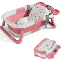  Blue and white collapsible baby bathtub with a star-patterned floating bath cushion and digital temperature display on a white background.
